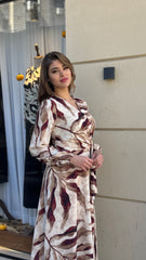 فستان ستان بيج وبني